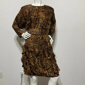 St. Gillian Leopard Print 100% Silk Knee-Length High Neck Dress Size 8 Petite